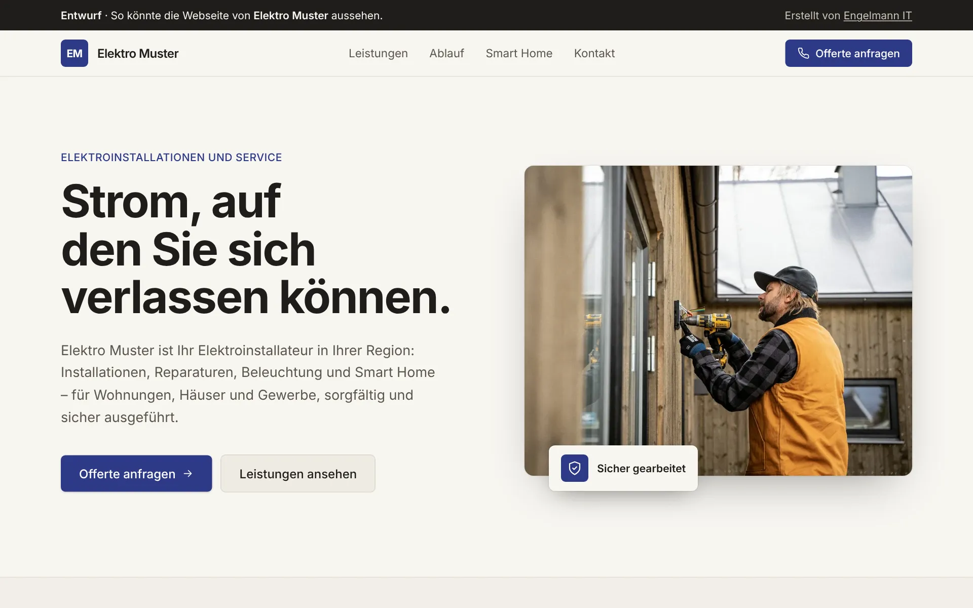 Demo-Webseite «Elektro Muster» für Elektroinstallateure, Startseite