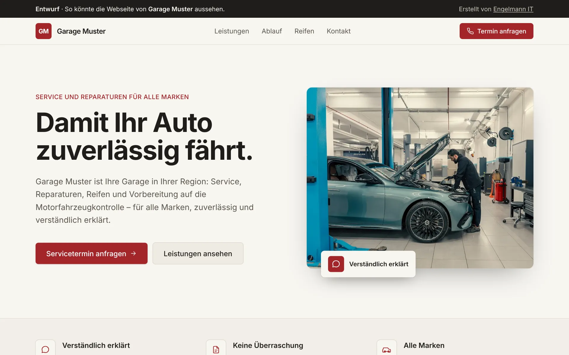 Demo-Webseite «Garage Muster» für Garagen und Autowerkstätten, Startseite