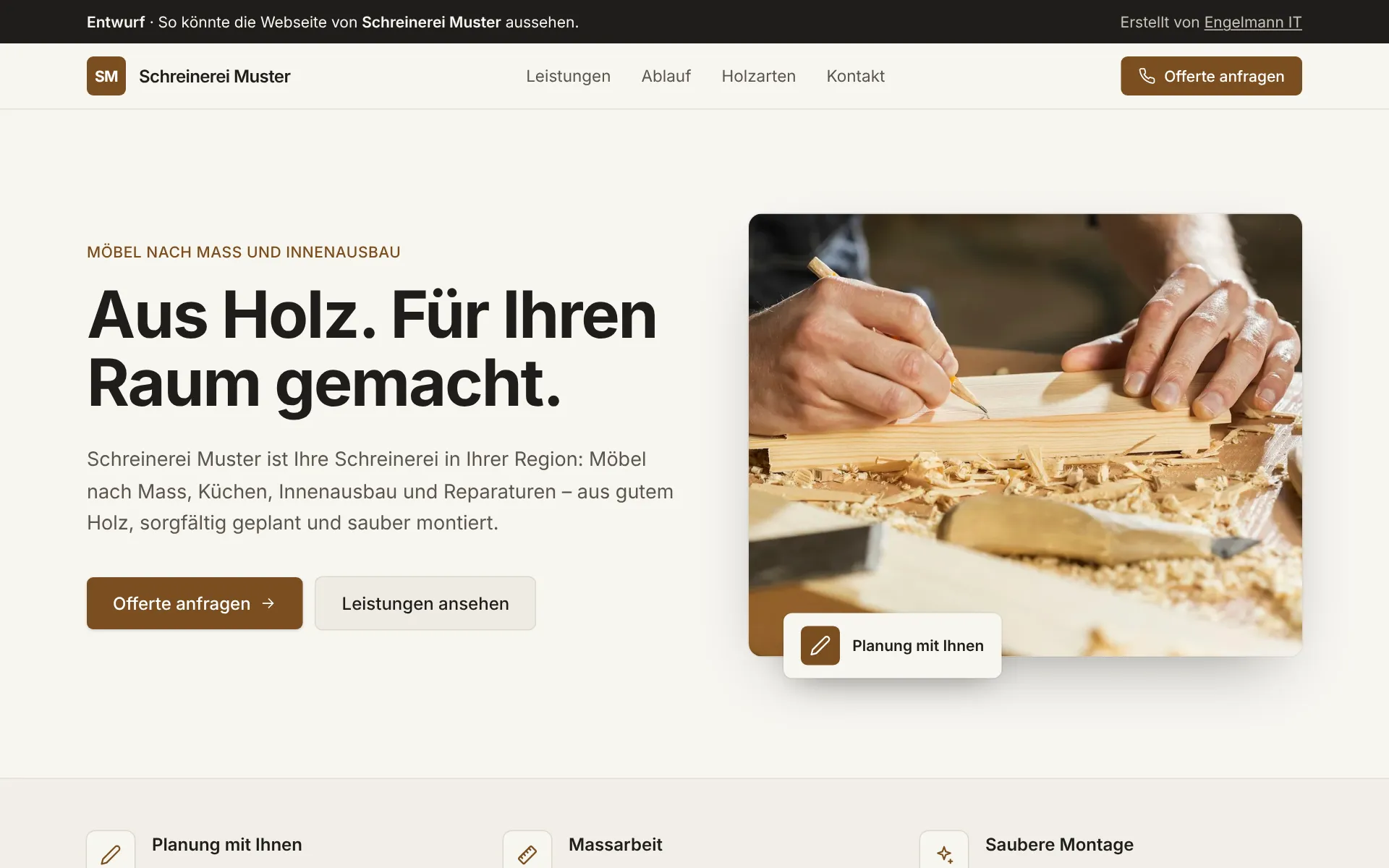 Demo-Webseite «Schreinerei Muster» für Schreinereien, Startseite